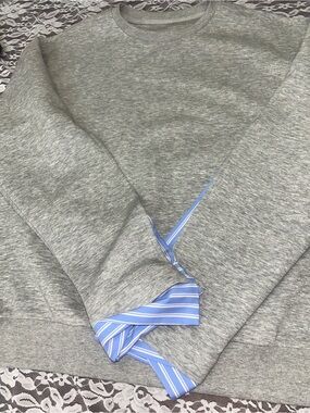 Womens Grey Crewneck Sweater with Blue-Striped Cuff Detail